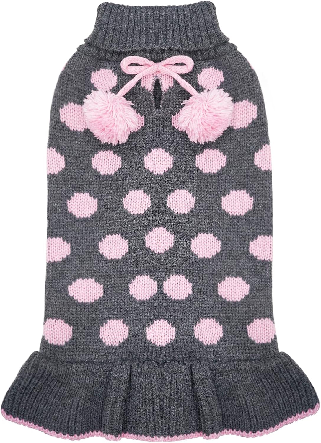 Dog Sweater Dress Turtleneck Polka Dot Dog Sweaters with Leash Hole Knitwear Warm Pet Sweater with Pom Pom Ball