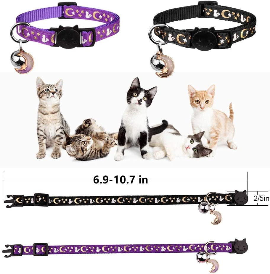 2PCS Breakaway Cat Collars with Bell Moons Stars Cute Kitty Adjustable Safe Kitten Collars with Pendant Glow in the Dark(Black&Purple)