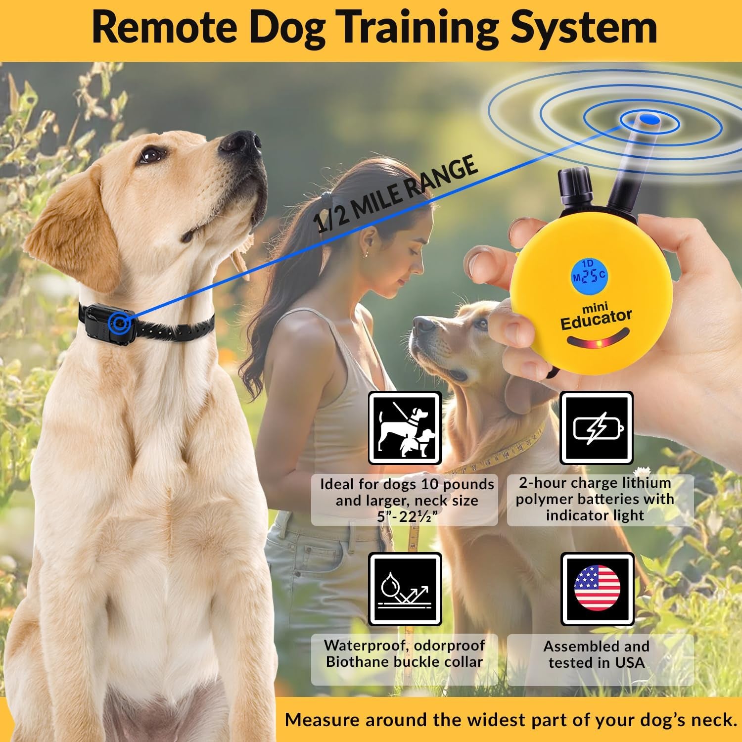 E-Collar Humane Dog Training Collar with Remote, 100 Safe Tapping Stimulation Levels, Waterproof, Rechargeable, 1/2 Mile 1 Small-Medium Dog, Yellow